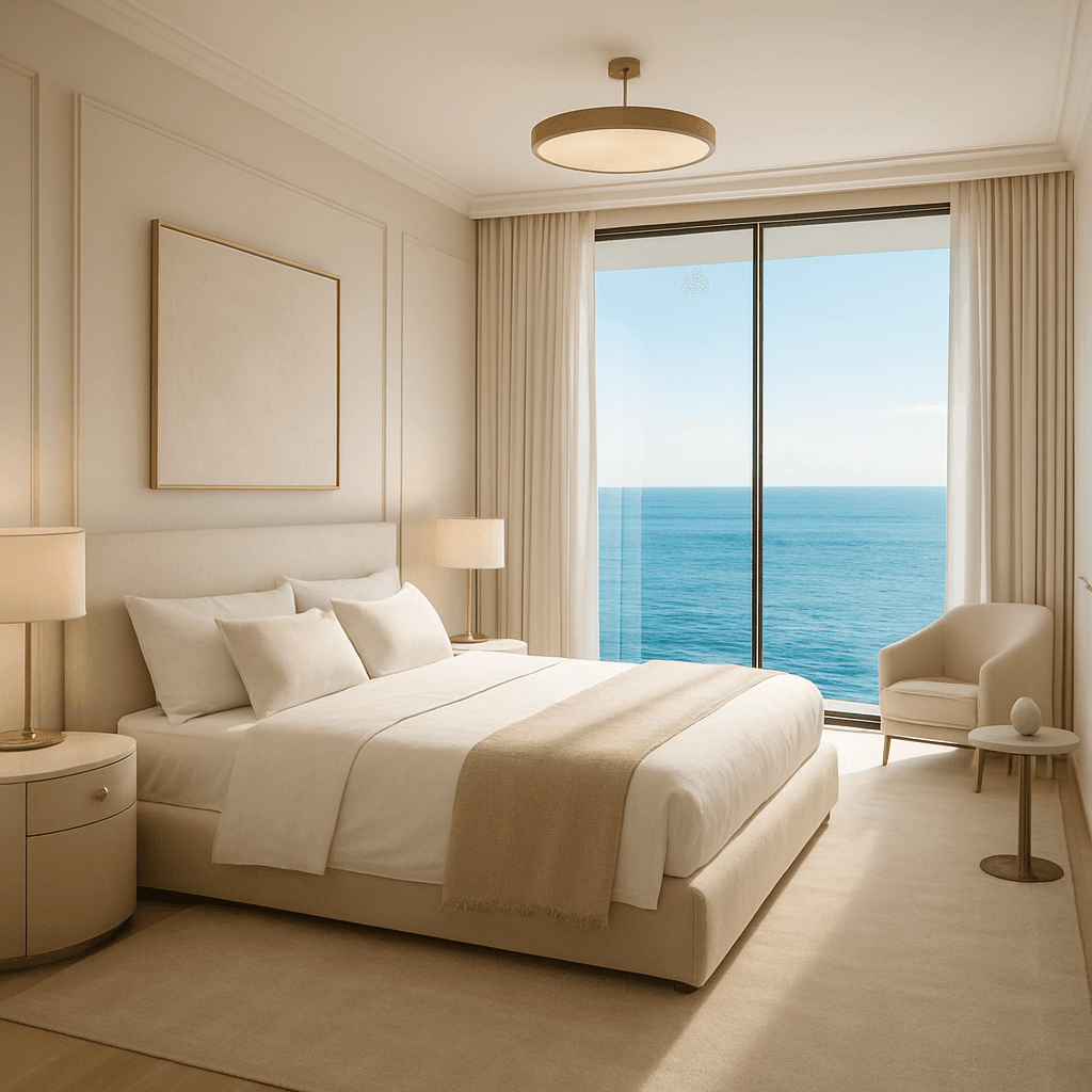 Elegantes Schlafzimmer mit Meerblick in einer Wohnung in Umag, Istrien
