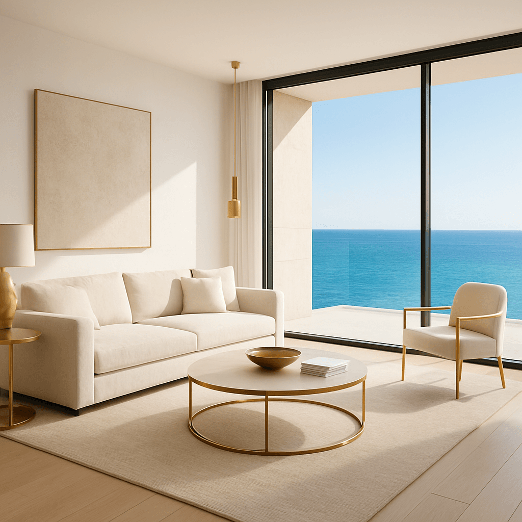 Heller Wohnbereich mit Meerblick einer schlüsselfertigen Wohnung in Umag, Istrien